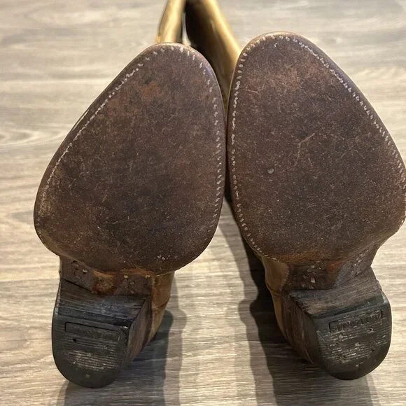 Vintage Dan Post Size 6 C Cowboy Knee Boots Made in Spain Tan Braided 4115 - Picture 7 of 16